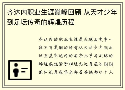 齐达内职业生涯巅峰回顾 从天才少年到足坛传奇的辉煌历程